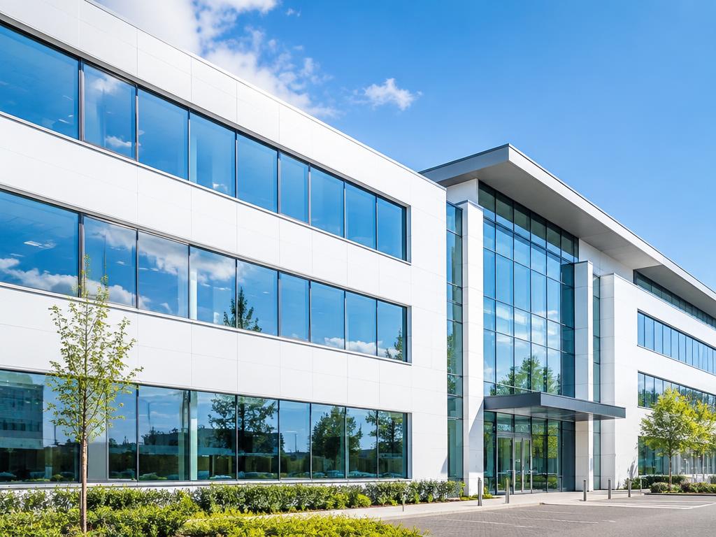 Public building with freshly cleaned windows and cladding